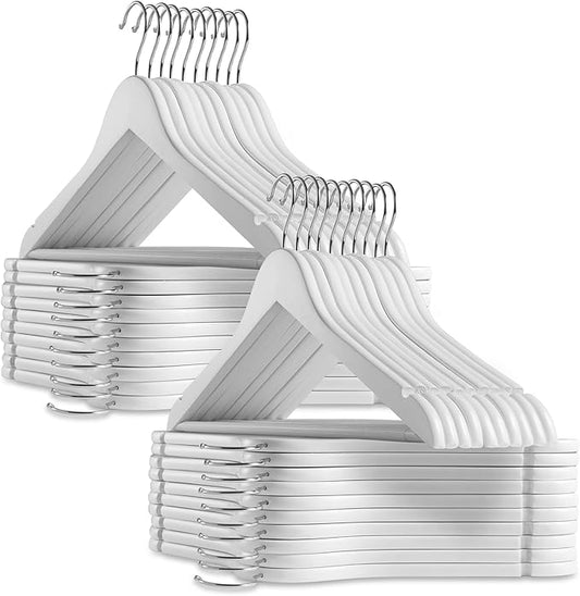 Casafield - 40 White Wooden Suit Hangers - Premium Lotus Wood with Notches & Chrome Swivel Hook for Dress Clothes, Coats, Jackets, Pants, Shirts, Skirts