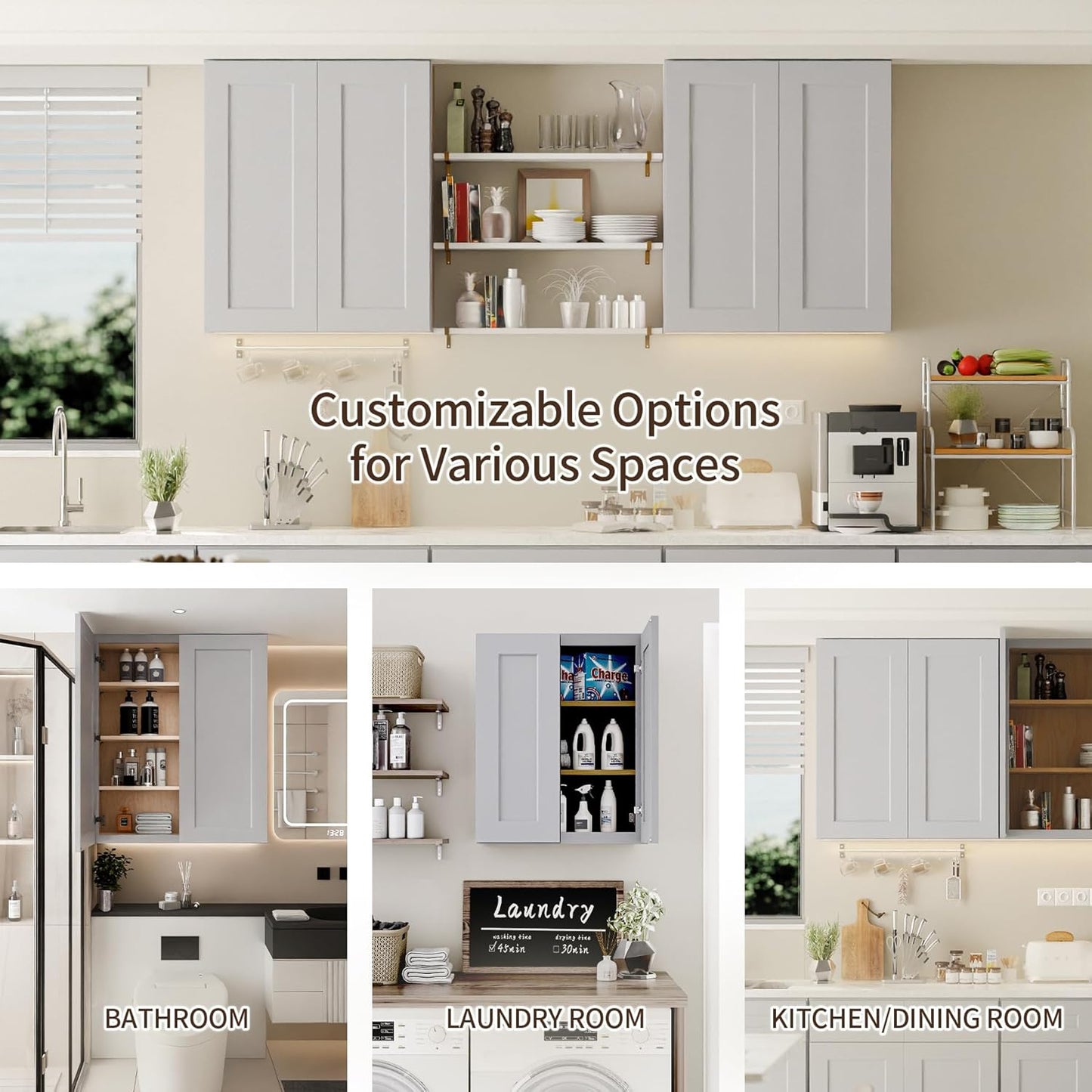 24 Inch Medicine Cabinet Wall Mounted, Solid Wood Over The Toilet Storage Cabinet, Bathroom Organizer Cabinets with 2 Door & Shelves, Easy to Assemble for Laundry Room, Kitchen, Garage - Dark Gray