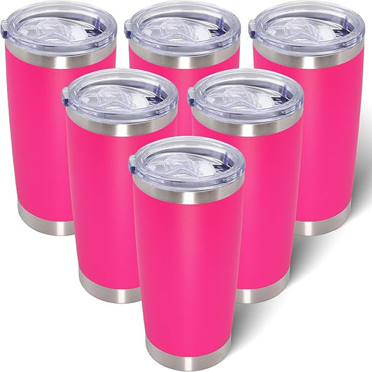 20oz Tumbler Bulk Stainless Steel Tumblers with Lid Vacuum Insulated Double Wall Travel Coffee Mug Powder Coated Tumbler Cup for Hot and Cold Drinks(Hot Pink, 6 pack)