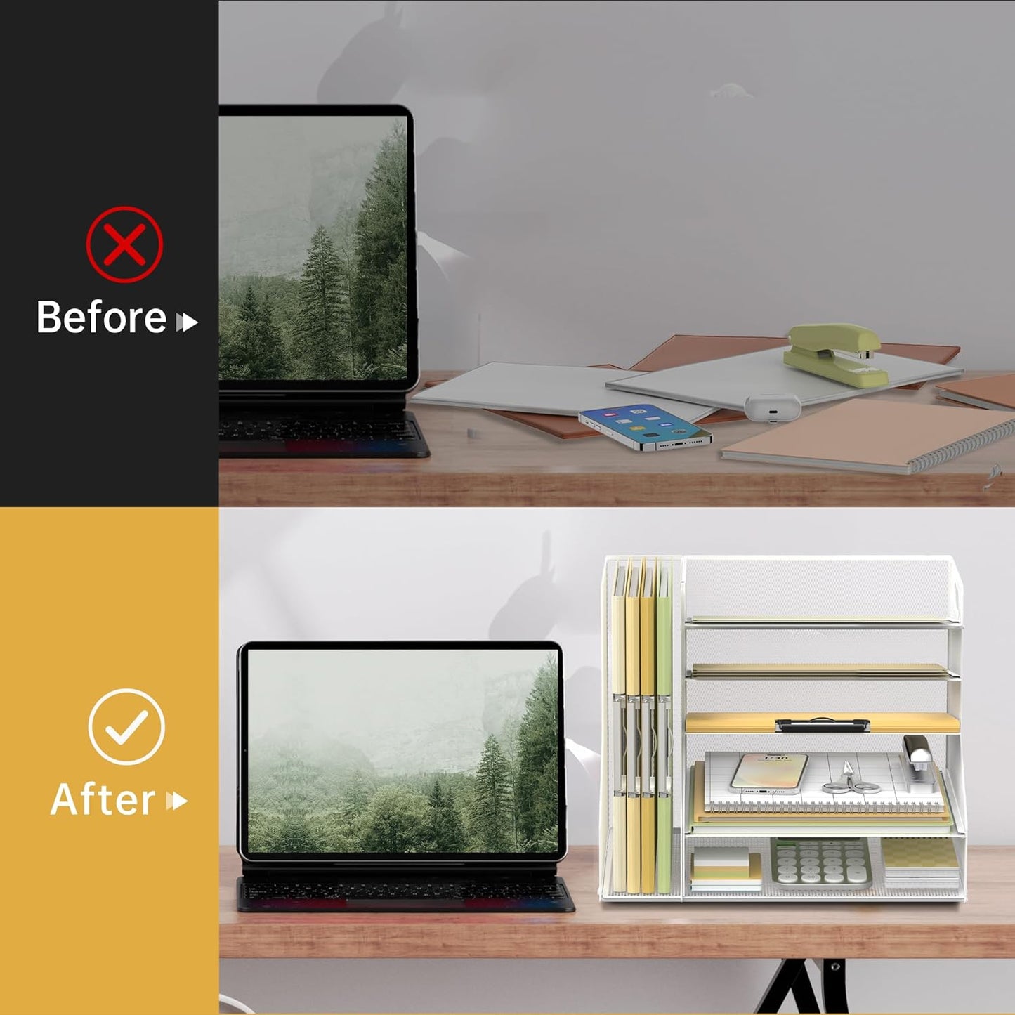 SUPEASY Desk Organizer with File Holder, 5-Tier Mesh Paper Letter Tray with Magazine Holder, Desktop Organizer and Storage for Desk Accessories Office Supplies, White