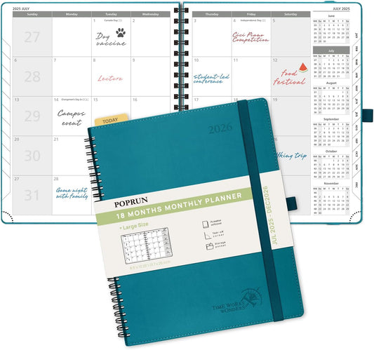 POPRUN Monthly Planner 2025-2026 Spiral Bound (8.5'' x 10.5'') 18 Months Calendar (Jul 2025 - Dec 2026) - 4 Pages per Month with Monthly Expense & Notes, Sunday Start, Leather Cover - Pacific Green