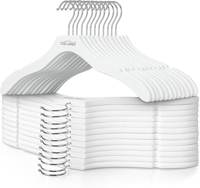 TOPIA HANGER Wooden Coat Hangers 24 Pack, Premium Wood Suit Sweater No Shoulder Bump Hangers, 360° Swivel Hook and Cut Notches Clothes Hangers for Sweater, Coat, Shirts, Hoodies, Dress, White CT85W