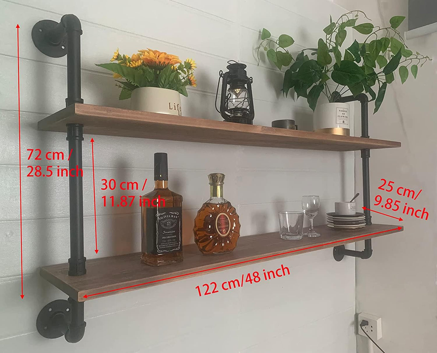 Pipe Shelves Industrial Pipe Shelving Shelves Real Wood Industrial Floating Pipe Shelves with Wood Planks 48 inch Wall Shelves Rustic Hanging Bookshelf Farmhouse Kitchen Bar Shelving