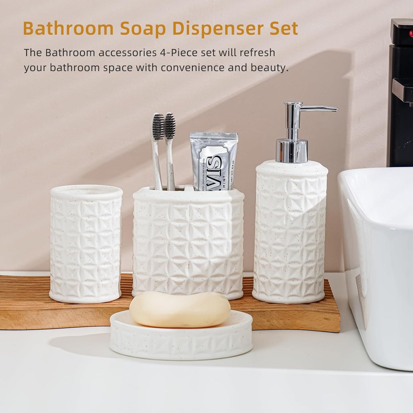 4-Piece Bathroom Accessory Set - White Bathroom Decor for Counter Organization with Soap Dispenser, Toothbrush Holder, Tumbler & Soap Dish, Bathroom Counter Set (Ceramic - Sliver Pump)