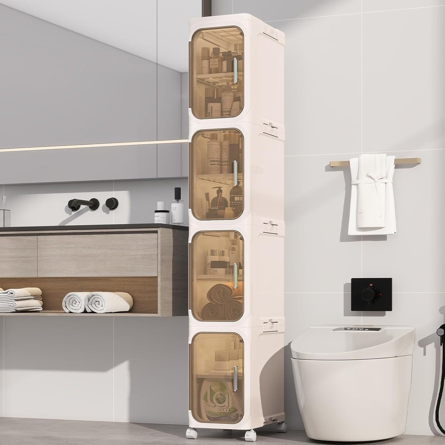 KHNR 4-Tiers Slim Bathroom Storage Cabinet, Foldable Storage Cabinets,Narrow Bathroom Storage,Movable Bathroom Storage Organizer for Small Spaces,Bathroom,Kitchen,Laundry,Cream White