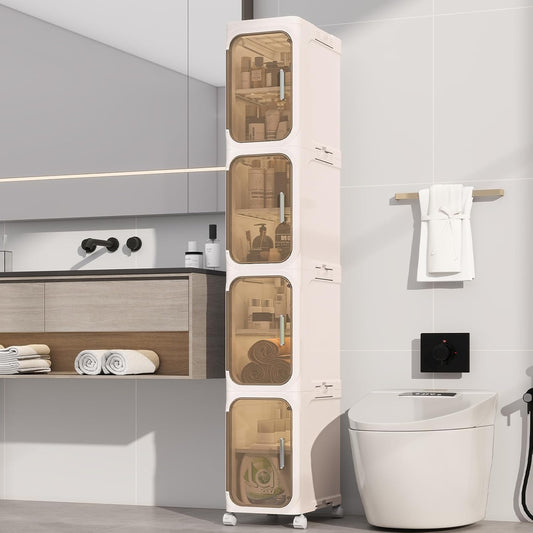 KHNR 4-Tiers Slim Bathroom Storage Cabinet, Foldable Storage Cabinets,Narrow Bathroom Storage,Movable Bathroom Storage Organizer for Small Spaces,Bathroom,Kitchen,Laundry,Cream White