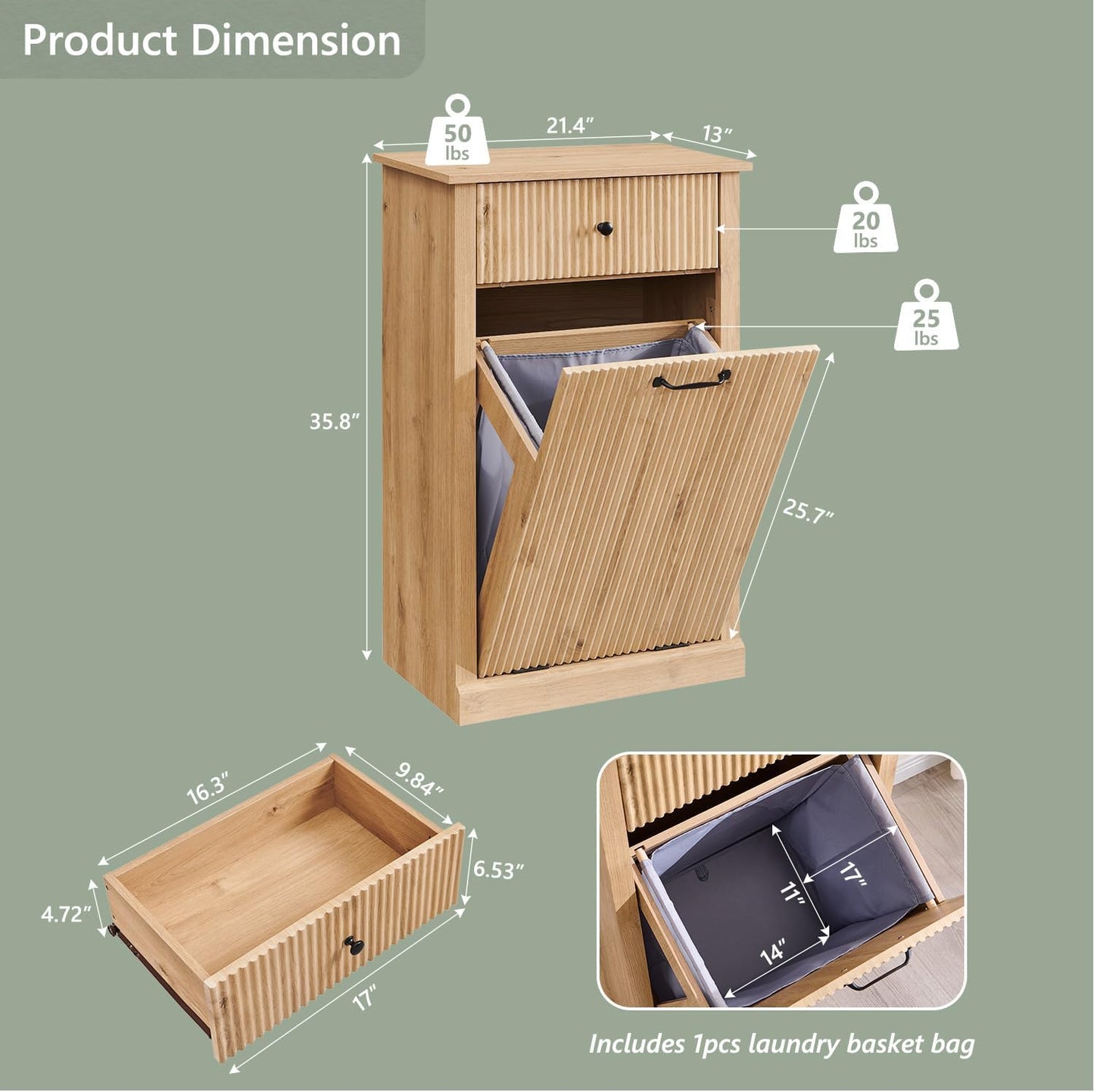 Modern Tilt-Out Laundry Hamper Cabinet, 10 Gallon Fluted Trash Can Cabinet with Drawer, Wooden Hidden Garbage Can Cabinets with Laundry Basket, Free Standing for Bathroom & Kitchen, Natural Oak