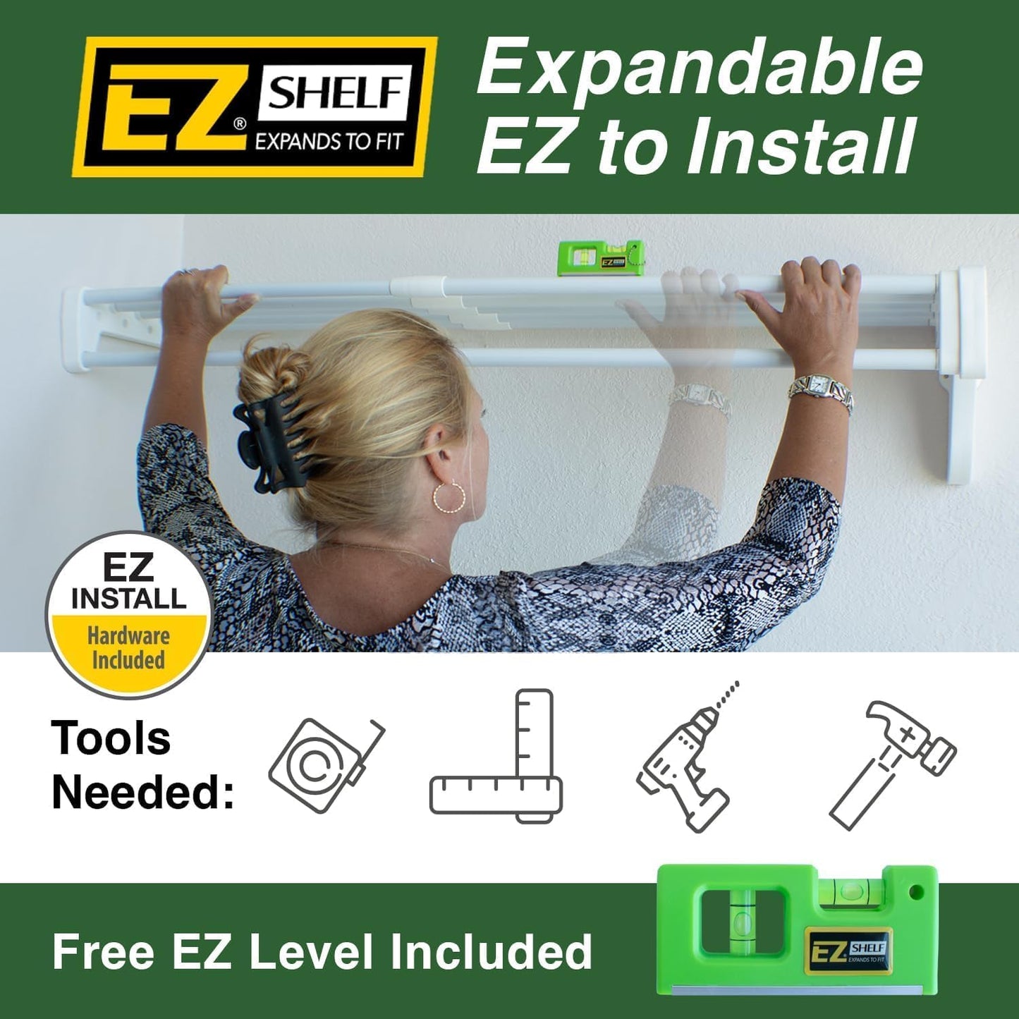 EZ Shelf Expandable Laundry Room Shelves Over Washer and Dryer - 2 Shelves (Expands 63.3 to 120") - 1 With Hanging Rod - White - Laundry Room Organization
