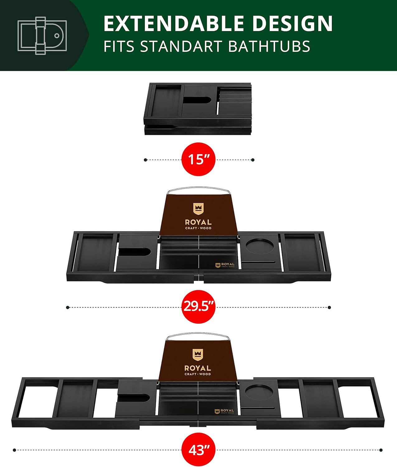ROYAL CRAFT WOOD Premium Foldable Bathtub Tray - Wood Bath Tray for Tub, Bamboo Shelf, Expandable Bath Table Trays, Bathtub & Bathroom Accessories for New Home & Mothers Day & Birthday Gifts for Mom