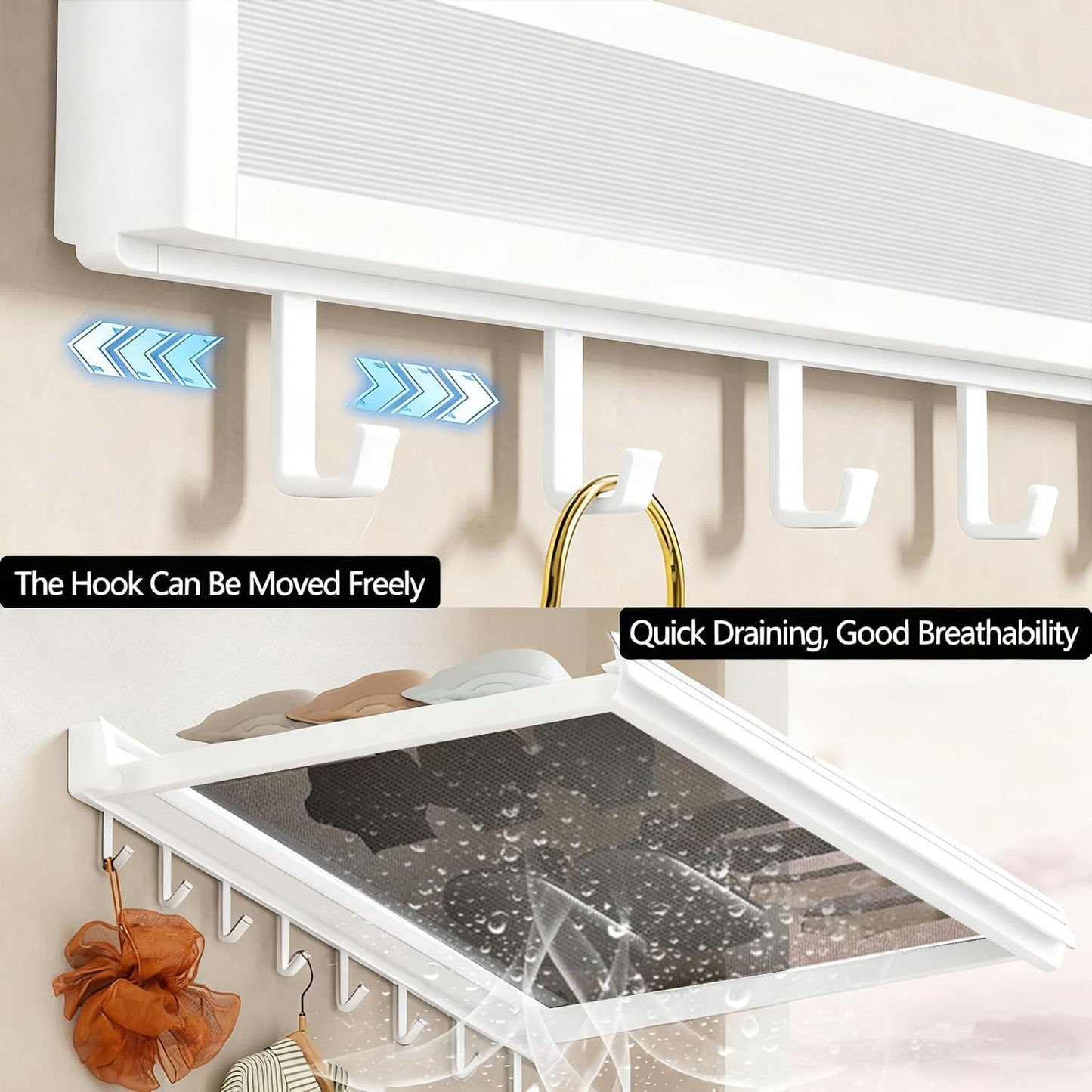 LETINE Wall Mounted Drying Rack: Retractable Indoor Clothes Drying Rack – Aluminum Alloy Frame w/Soft Mesh Surface. Laundry Rack & Temp Shelf for Balcony, Bathroom, Kitchen. Includes 6 Hooks.