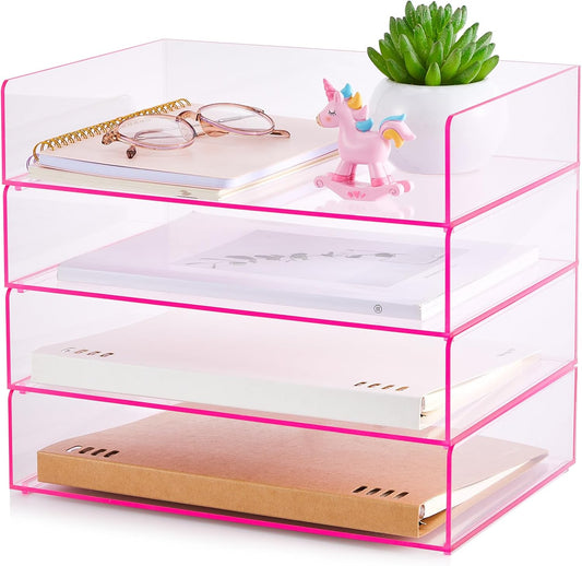 Harloon 4 Tier Acrylic Paper Tray Paper Organizer for Desk Clear File Organizer 12. 4 x 8. 7 x 2. 7 Inches File Tray for Office Workspace Desktop Storage, No Need to Assemble (Transparent Pink)