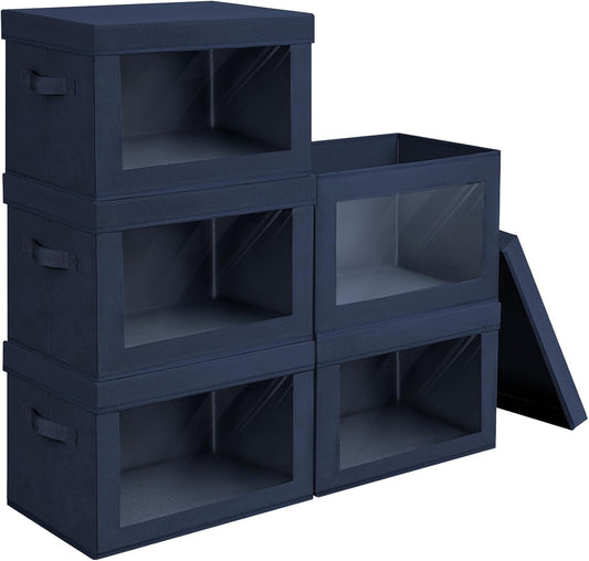 Stackable Storage Bins with Lids - Medium Storage Box with Lids, Foldable Closet Boxes for Organizing, Wardrobe Clothes Organizer with Window, Cubes Bins for Living Room, 5 Pack, Navy Blue