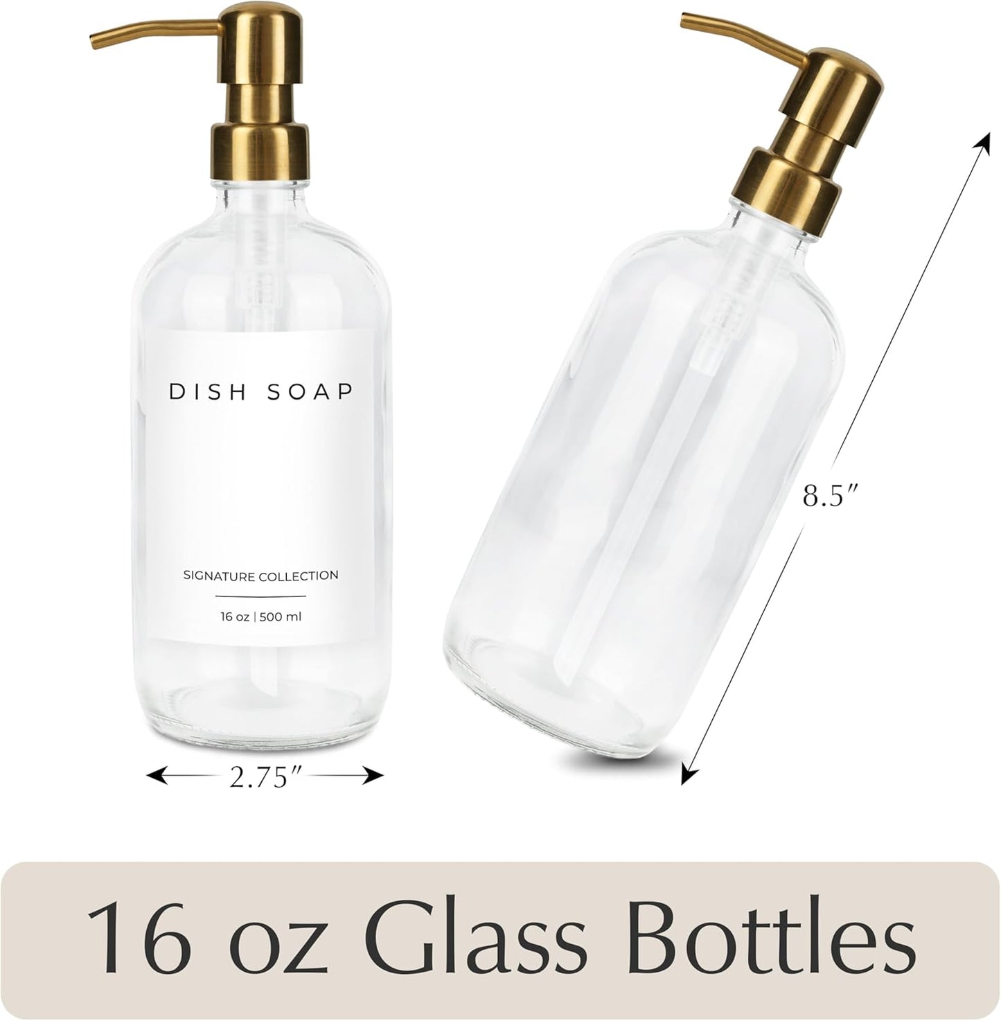 Emerson Essentials Soap Dispenser, Dish Bottles for Kitchen - Soap Bathroom Set, Glass Bottle Dispenser with Pump and Labels, 16 Oz | 2-Pack