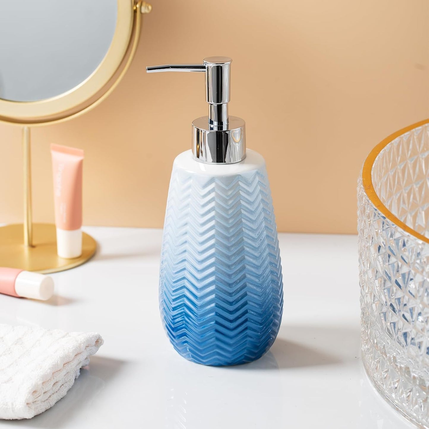 Bathroom Accessory Set,Blue Bathroom Decor,Blue Soap Dispenser, Soap Dish and Tumbler,Wavy Bathroom Accessories Complete Set