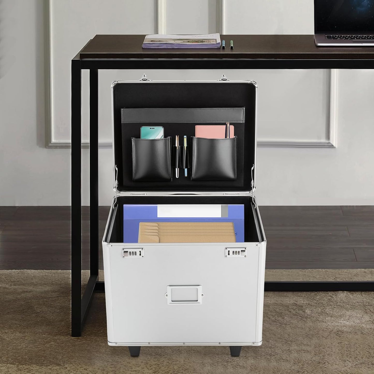 Rolling Cart for Teachers, Rolling File Cart with Hanging Folders, Portable File Box with Handle, Aluminum Alloy, Passcode Lock, Silver