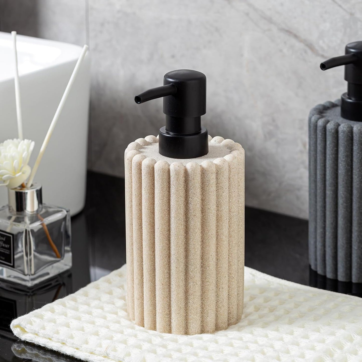 Soap Dispensers 350mL 11.84 OZ, 2 PCS Luxurious Hand Dish Lotion Shampoo Soap Dispenser Jar, Natural Stone Look Soap Pump Bottles for Kitchen Bathroom Countertop (Beige)