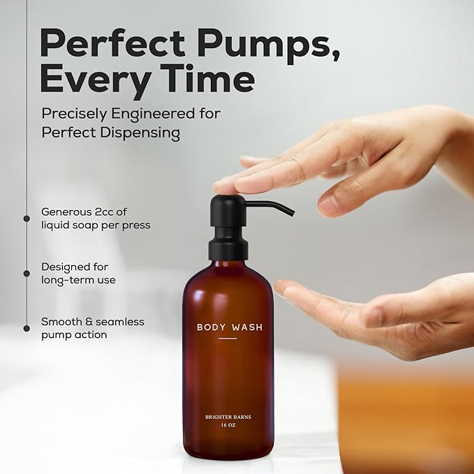 Amber Shampoo and Conditioner Dispenser Set by Brighter Barns - Body Wash and Shampoo Bottles with Pump - Refillable Plastic Shower Dispenser for Modern Bathroom Decor in Vacation Rental, Spa (Amber)