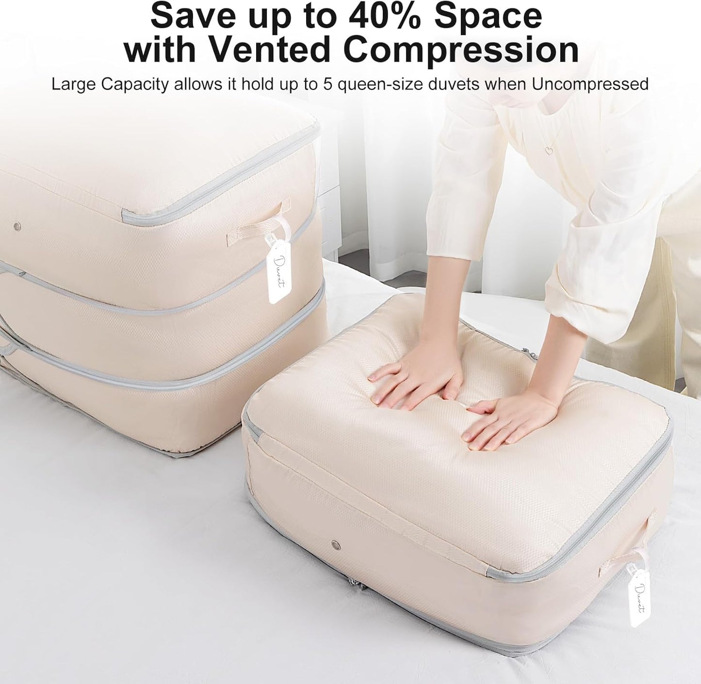 Comforter Storage Bag - Large Capacity Blanket Storage Bags 3-Layer Ultra Space Saving Self Compression Organizer, Washable Compression Bags for Storage Comforter Blanket, 1-Pack, Beige