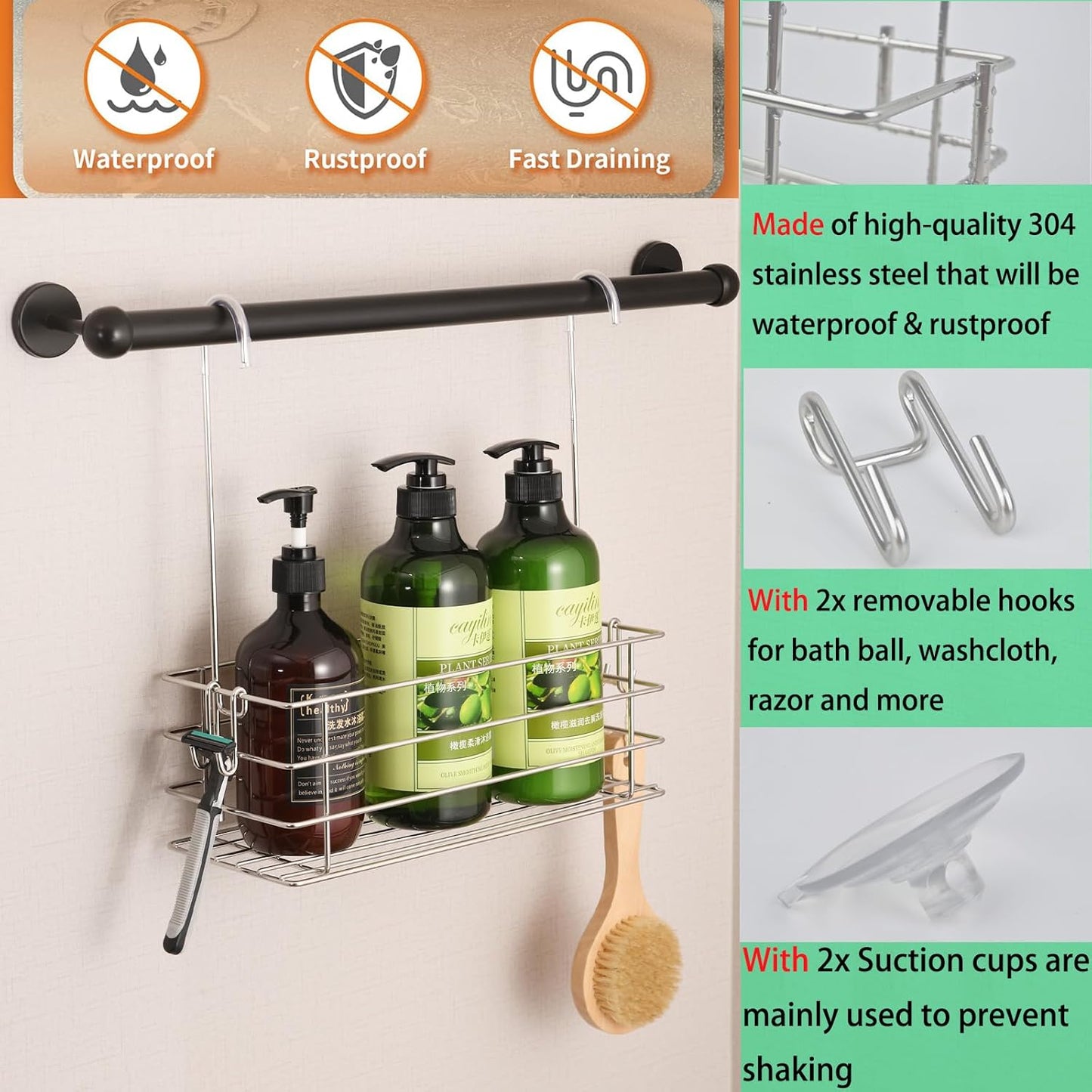 2pcs Single-Layer Hanging Shower Caddy, Rustproof Shelves Rack with Rotatable Hook bar, Large Capacity Bathroom Organizers and Storage, No Drilling Shampoo Bracket