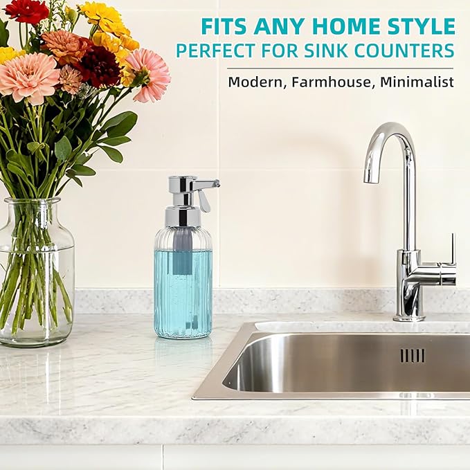 Automatic Foaming Soap Dispenser, 17oz Clear Glass Hand Soap Dispenser with ABS Touch Sensor Pump Battery Operated, Dish/Hand Soap Refillable for Bathroom Kitchen (Silver)