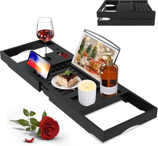 Luxury Bathtub Caddy Tray for Tub - Foldable Bamboo Bath Table Tray with Book and Wine Glass Holder, Expandable Bathroom Accessories for Spa or Reading Lite Style,Black