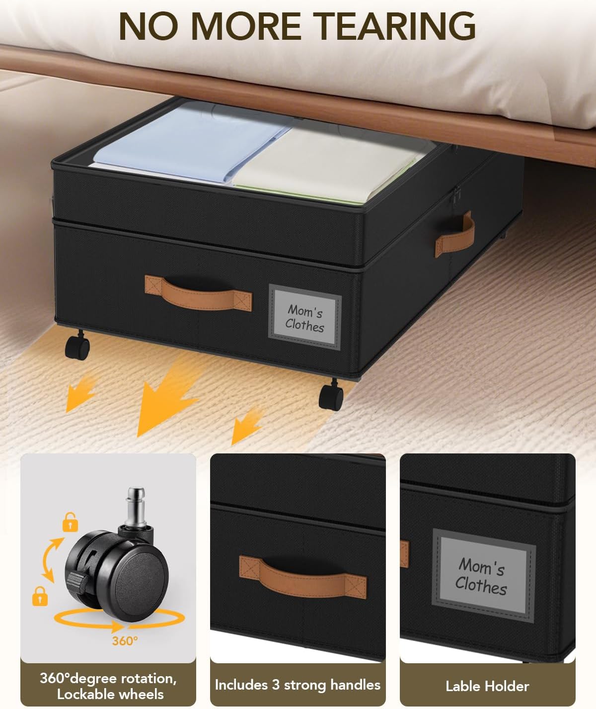 Under Bed Storage with Wheels, 10 inches Under the Bed Storage Containers Large, 65L XXL Adjustable Storage for Underbed with Lids, Rolling for Shoes, Clothes, Blankets, Black