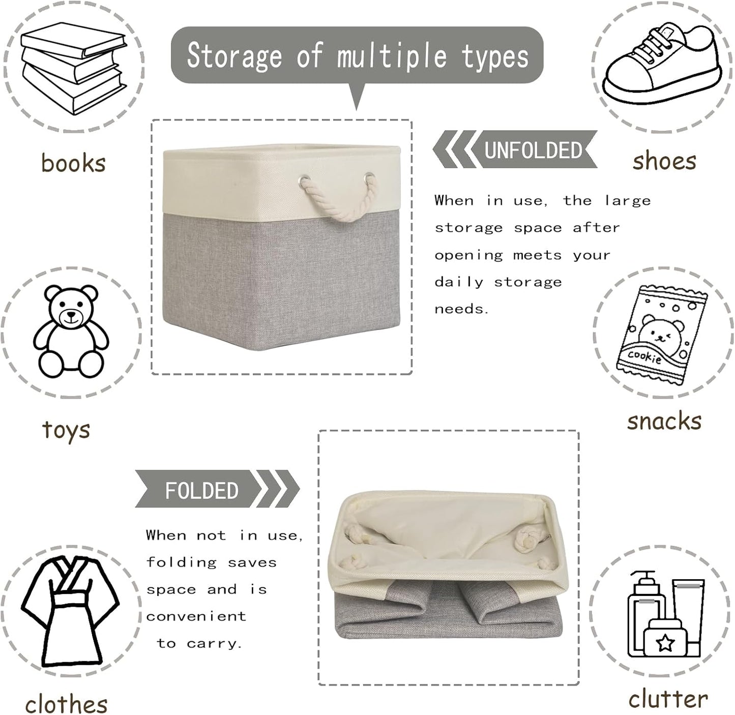 12x12 storage cube bins[6 Pack],Fabric Storage Cubes with Rope Handles, Eco-Friendly Linen Collapsible Organizers for Closet, Nursery, Toys, Office, Bathroom – Dual Color Design.(White&Grey)