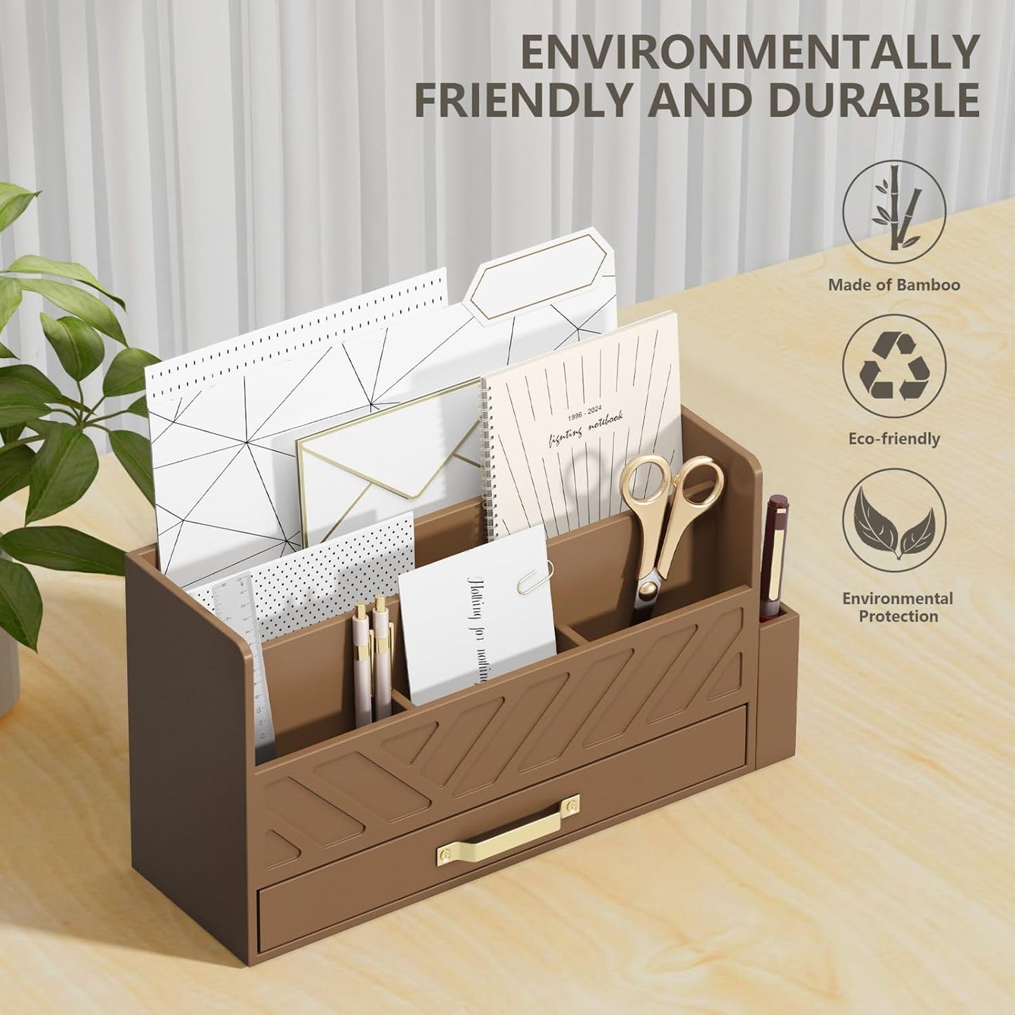 Bamboo Desk Organizer Mail Holder Countertop Wood Desk Drawer Tabletop Storage Box Pen Holder Letter Sorter Makeup Organizer for School Home Office Supplies with Pen Holder Brown