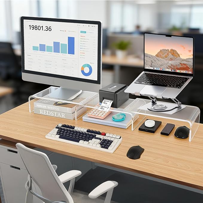 Acrylic Monitor Stand , Clear Monitor Stand for Desk, Computer Accessories for Home Office, Desk Organizer Shelf for Laptop, PC, Multi Media and more