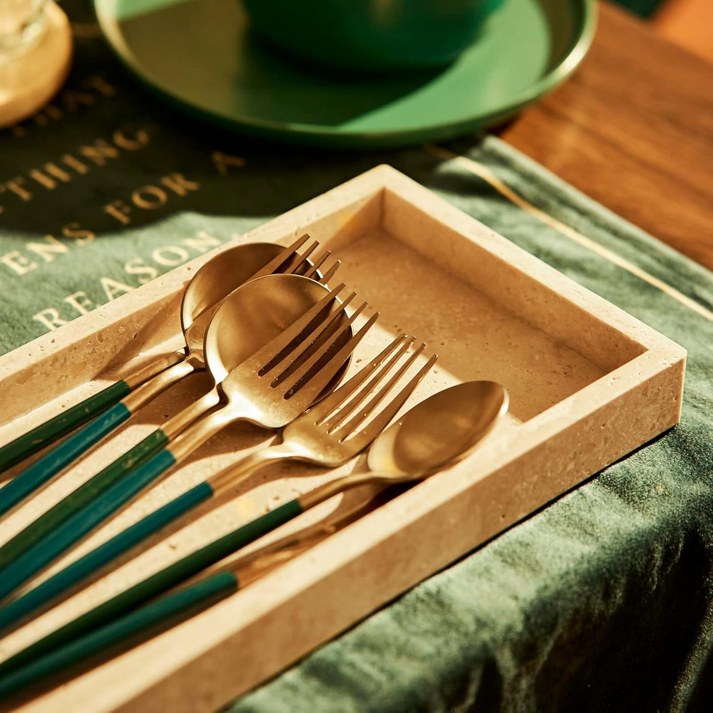 Italian 100% Marble Vanity Tray (12x6in), Counter Organizer for Bathroom, Kitchen, Dresser, Coffee Table, Serving & Decorative (Beige Travertine)