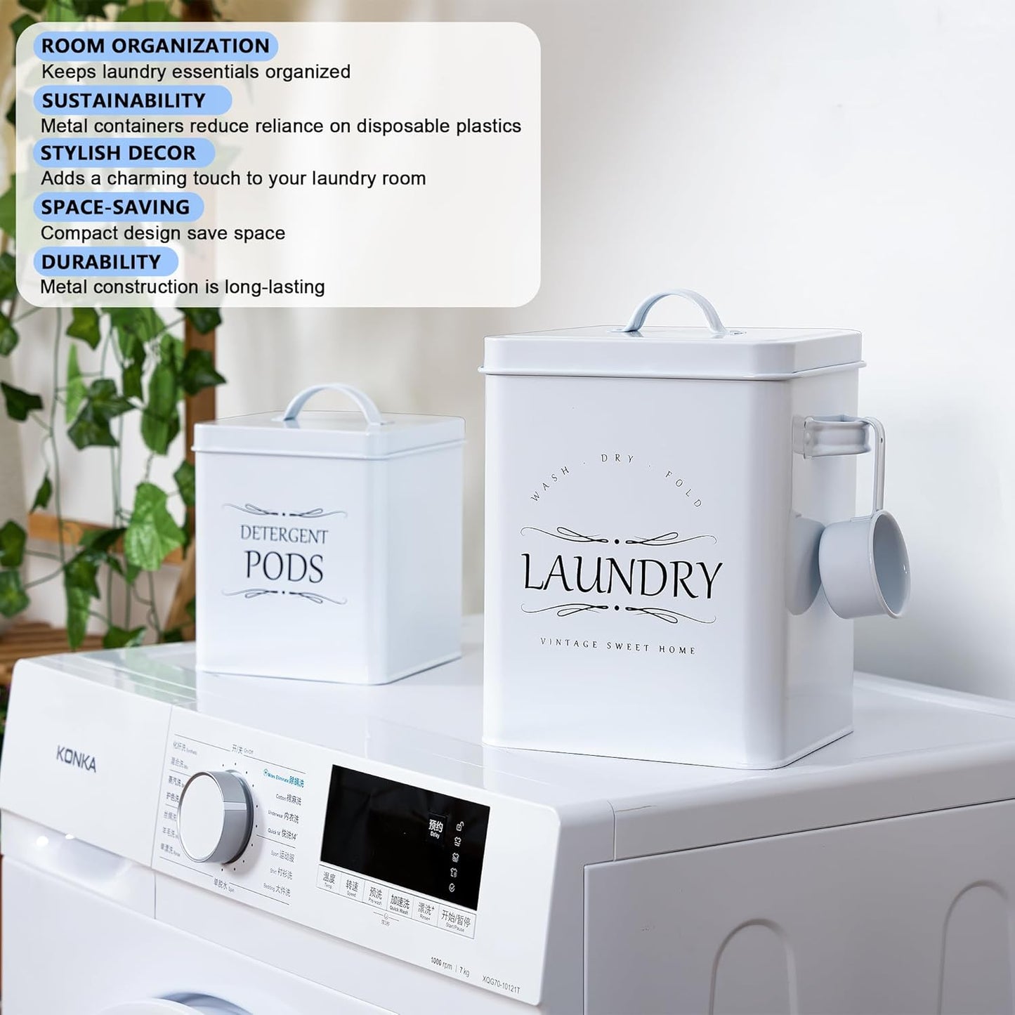 Meraki Home Laundry Detergent Container Set – 2-Pack Detergent Holder with Scoop - Laundry Detergent Sheets and Pods Container - Laundry Room Organization and Storage - Glossy White