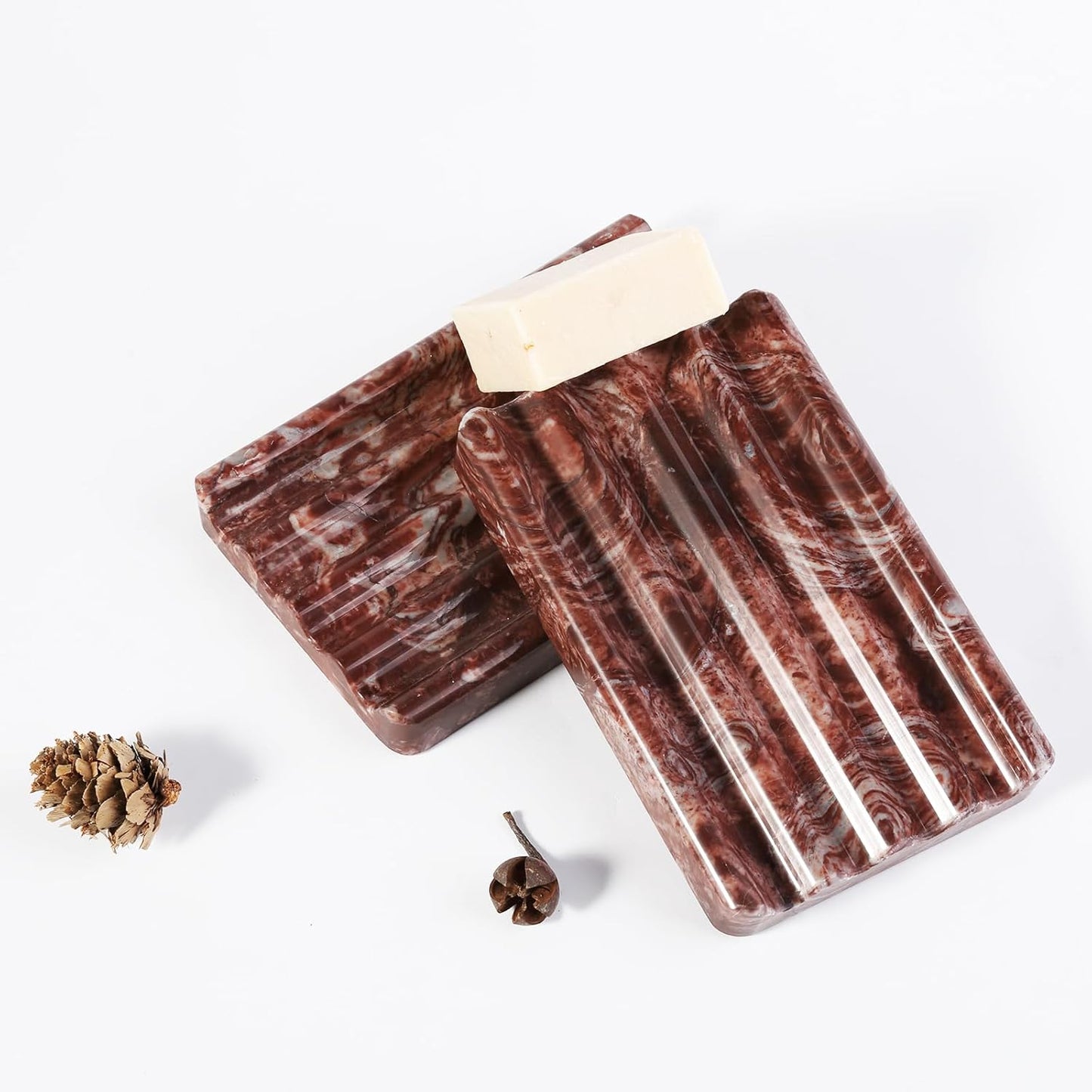 Koville Natural Marble Soap Dish for Shower, Red Marble Soap Tray for Bathroom, Bar Soap Holder for Sink, Stripe Grooves Saver Stone Soap Dish Keep Soap Bars Dry Easy Clean(Red Storm)