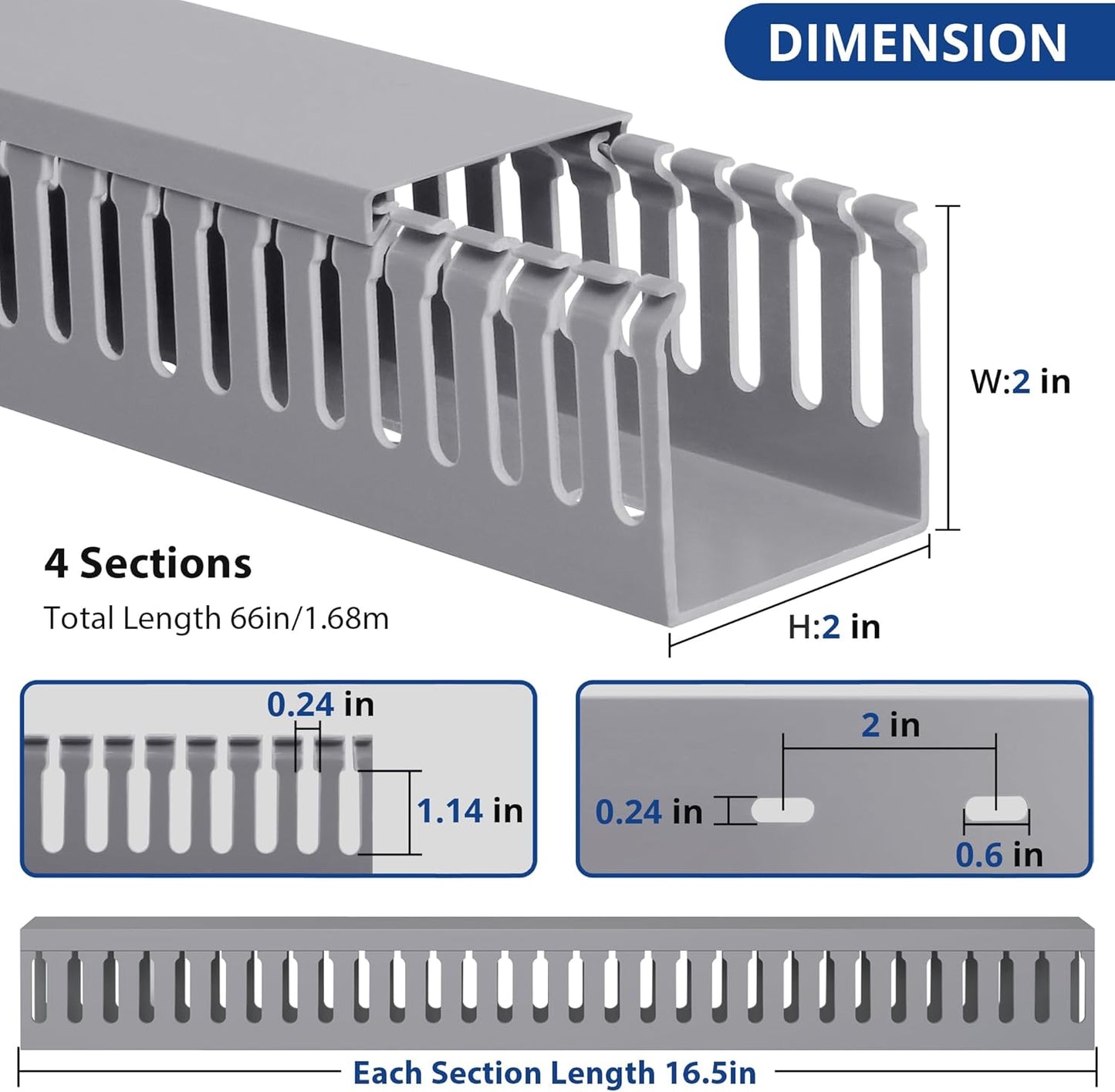 ZhiYo 66in(4X L16.5in) Professional Server Rack Cable Management Raceway, H2in x W2in Cable Raceway Kit, Electrically Safe PVC Open Slot Wire Raceway for Under Desk/Computer/Network Cords, Grey