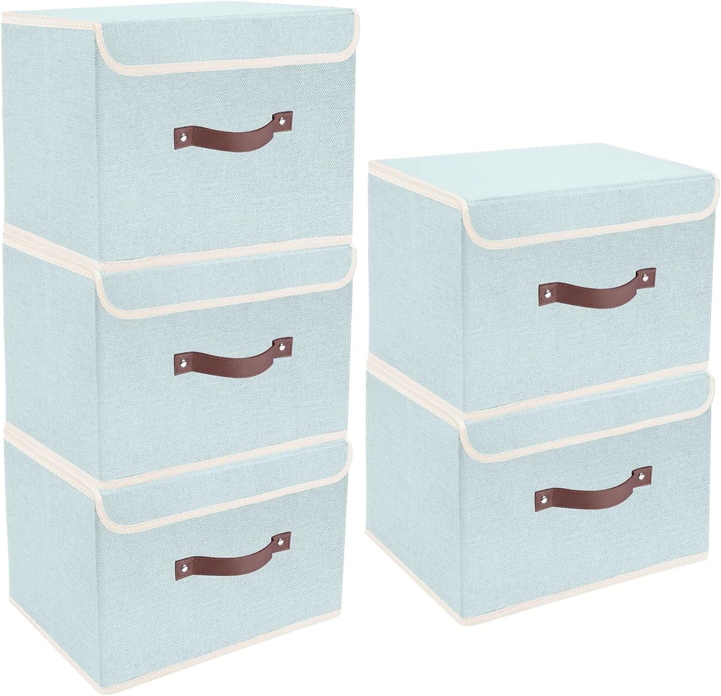 TYEERS Foldable Storage Boxes with Lids 5 Pack Fabric Storage Bins with Lids, Closet Organizers for Clothes Storage, Room Organization, Office Storage, Toys - Aqua Spring