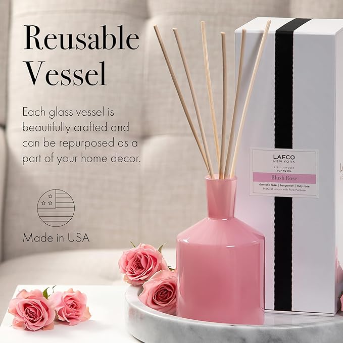 LAFCO New York Classic Reed Diffuser, Blush Rose - 6 oz - Up to 3 Months Fragrance Life - Reusable Glass Vessel - Natural Wood Reeds - Made in The USA