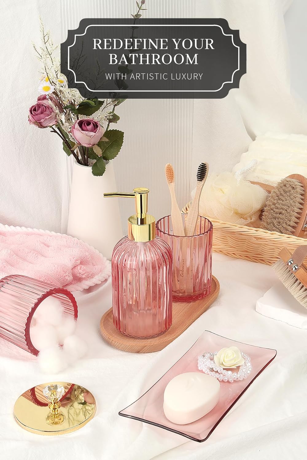 Designer Pink Glass Bathroom Accessories Sets - 4 Pcs with Lotion Soap Dispenser, Bathroom Toothbrush Holder, Vanity Tray, and Apothecary Jar, Vintage Bathroom Decor