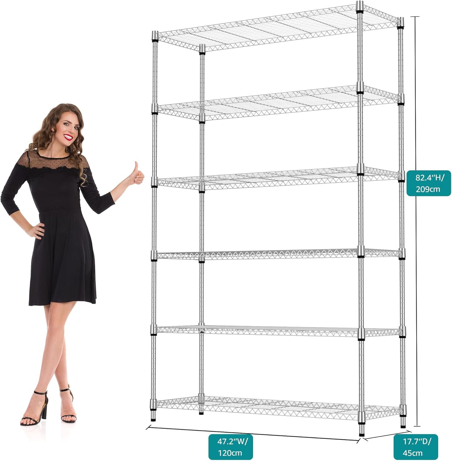 6 Tiers Shelf 2100 lbs Steel Storage Shelving Utility Shelving Unit Steel Organizer Wire Rack for Home,Kitchen,Office,Garage Chrome 17.7" D x 47.2" W x 82.4" H