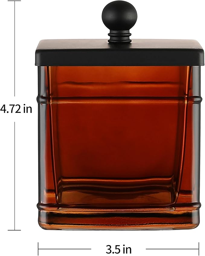 Amber Glass Cotton Jar Holder – Black Lid Elegant Bathroom Storage Canister for Qtips, Cotton Balls, Floss, Makeup Organizer, Vanity & Bathroom Organization