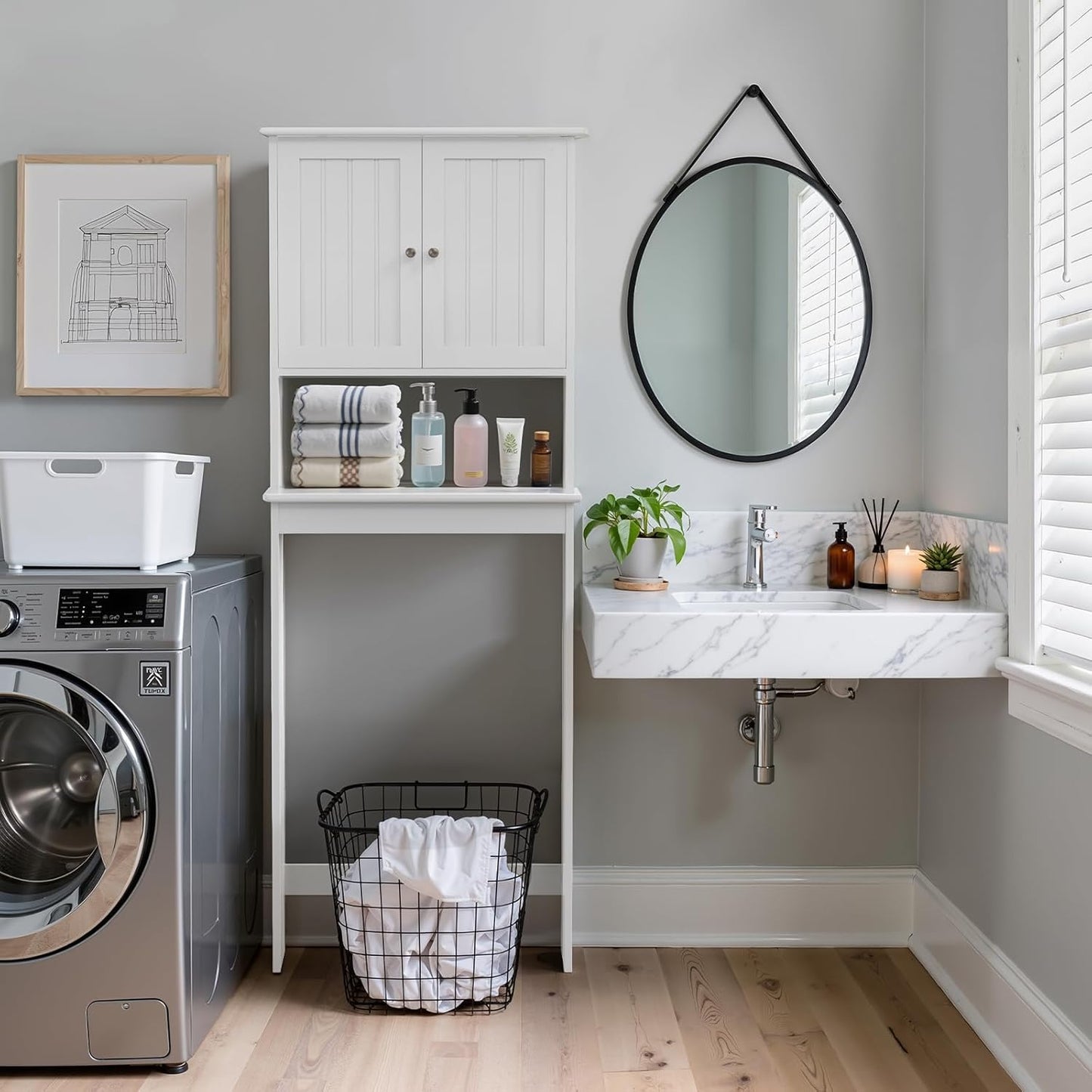 Over The Toilet Storage Cabinet, Behind Toilet Bathroom Organizer with Adjustable Shelves, Above Toilet Organizers with Barn Door, Space Saver for Restroom, Bathroom, Laundry