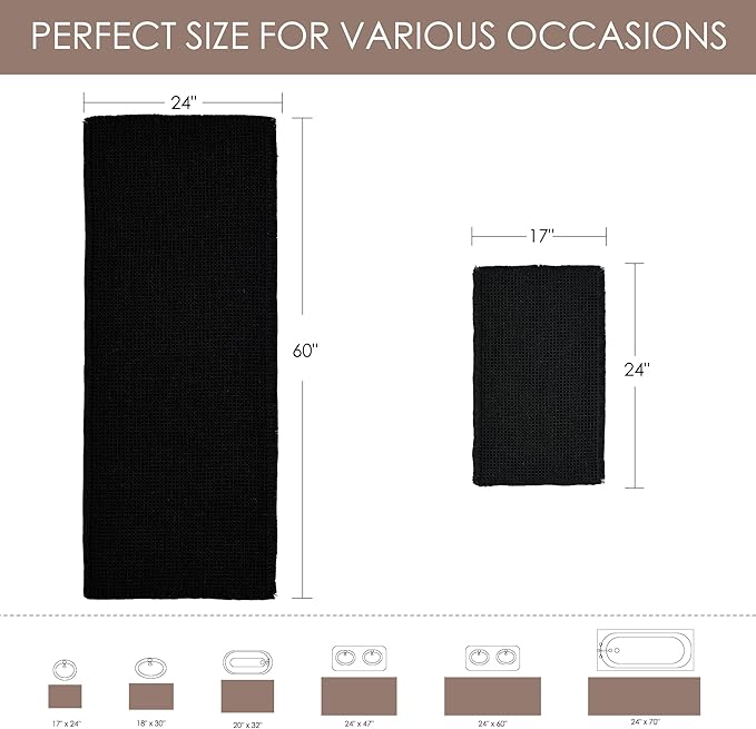 KGORGE Waffle Bathroom Rug, Large Super Absorbent Non Slip Washable Bathroom Rugs Decor, Boho Quick Dry Rubber Backed Bath Mat for Shower Toilet Hallway Hotel, Black, 24" W X 72" L 1pc