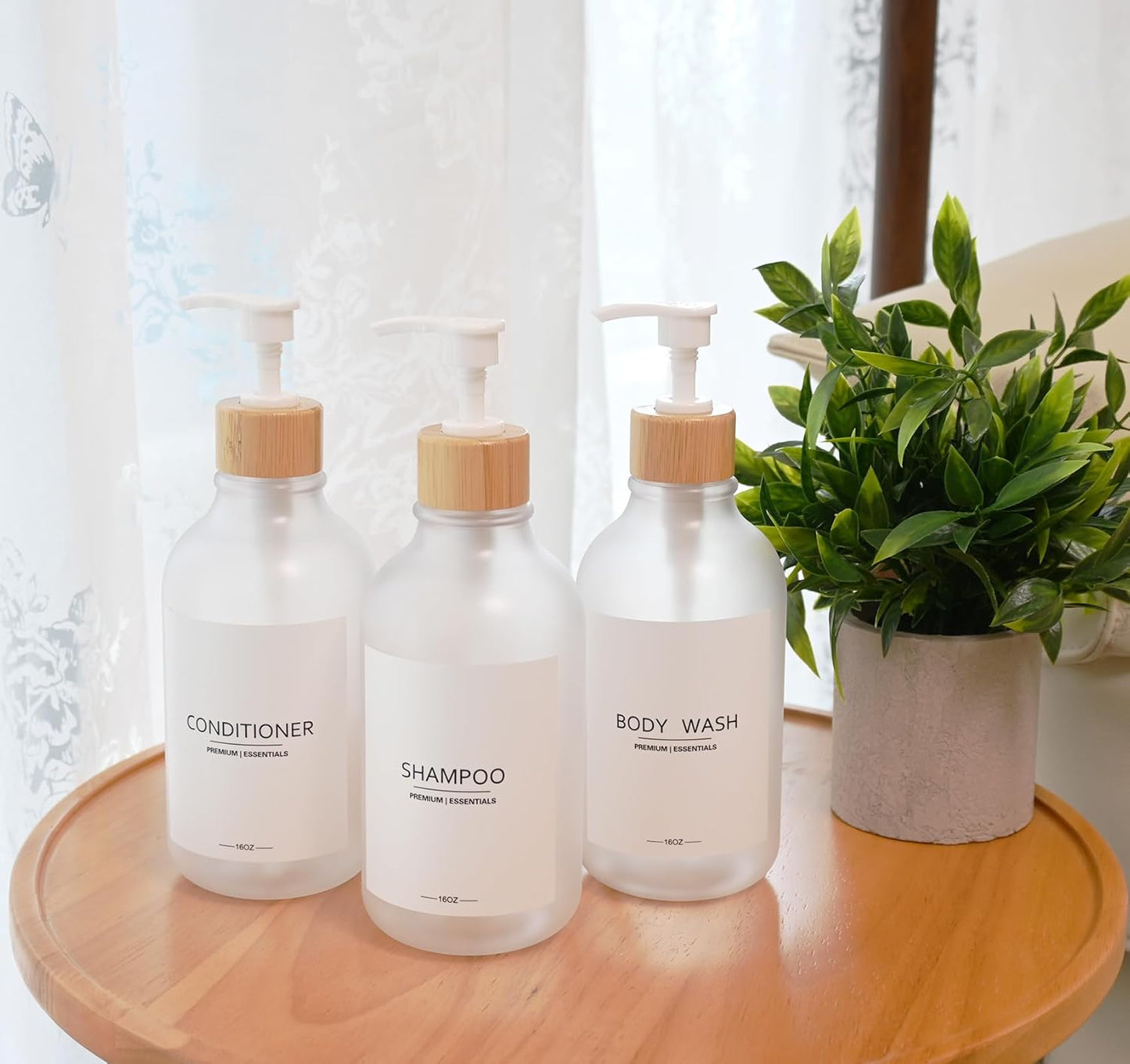 Frosted Plastic Shampoo and Conditioner Bottles, Apothecary Dispenser Bamboo Pump, Refillable Bottles for Shower Lotion, Oil, Hand Soap, Sanitizer, Liquid Soap, Set of 3 with 9 Labels (3, Matte Clear)