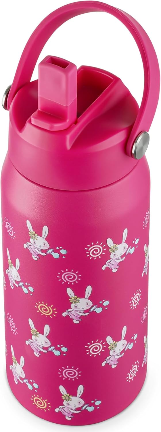 OLDLEY kids Water Bottle - 18oz Insulated Stainless Steel - Wide Straw Lid, Non Spill, Leakproof, Kids Water Bottle for School,Pink Bunny