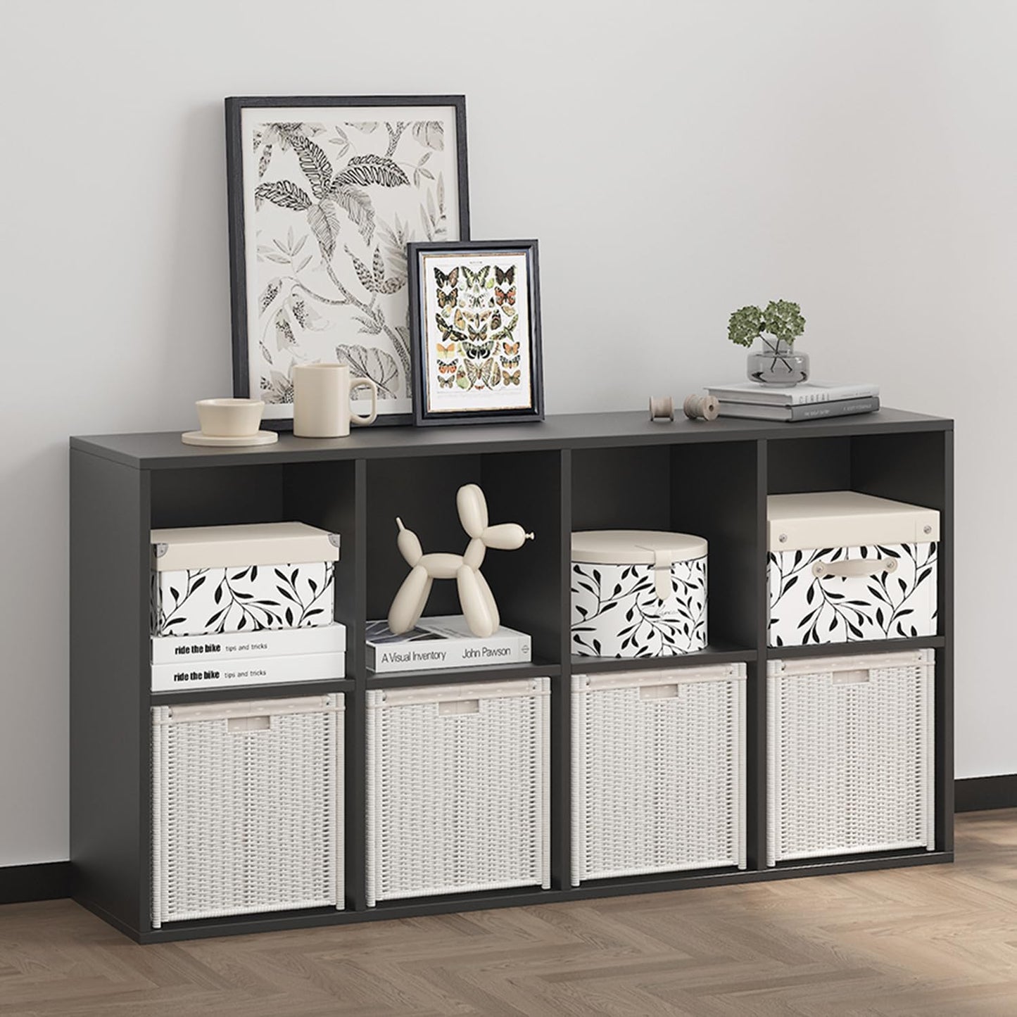 Wooden 8 Cube Storage Organizer with Closed Back Panel,White Shelf Heavy Duty Cubby Storage Organizer with Compartments for Living,Display Shelf,Bookshelf (Black, 8-Cube)