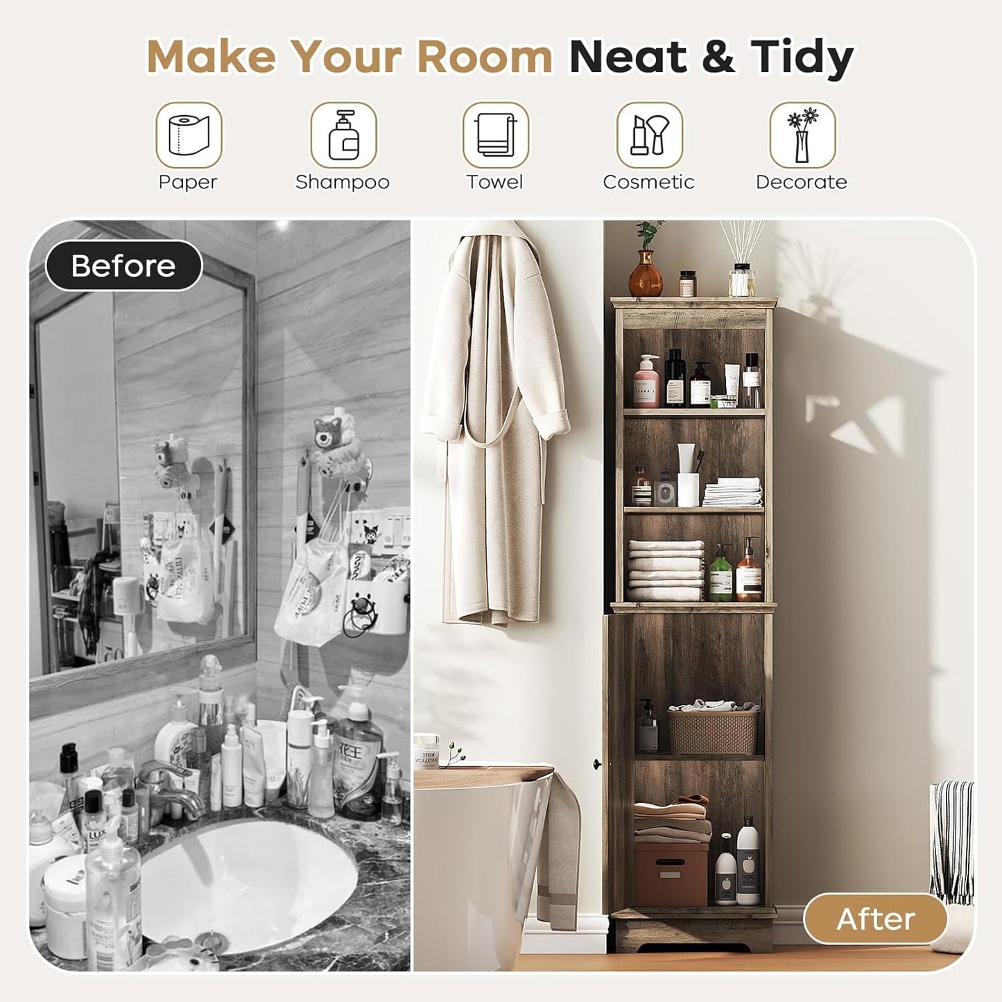 Farmhouse 60.9" H Tall Narrow Storage Cabinet with Door and Open Adjustable Shelves, Freestanding Organizer for Bathroom, Kitchen, Entryway, Wooden Tower Corner Cabinet, Grey