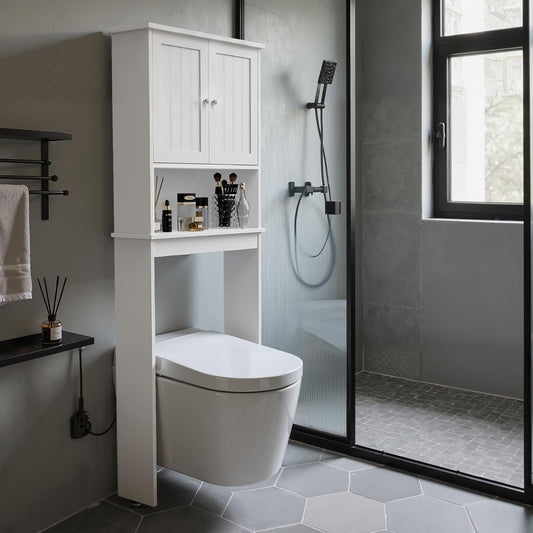 Over The Toilet Storage Cabinet, Behind Toilet Bathroom Organizer with Adjustable Shelves, Above Toilet Organizers with Barn Door, Space Saver for Restroom, Bathroom, Laundry