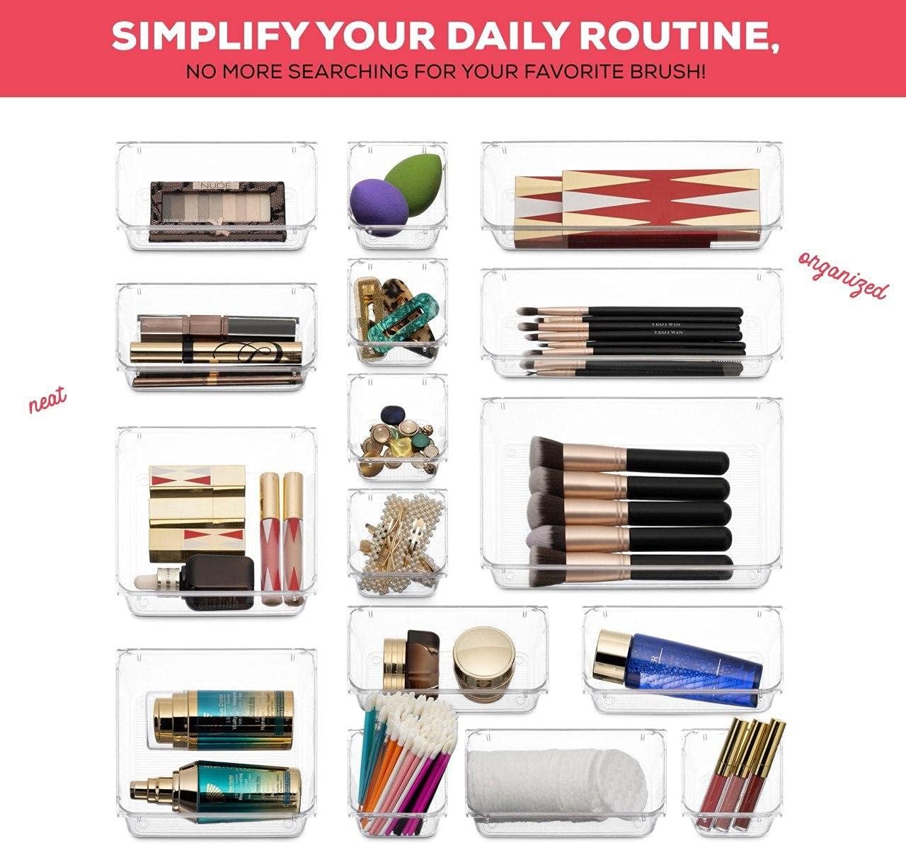 25 PCS Clear Plastic Drawer Organizers Set, 4-Size Versatile Bathroom and Vanity Drawer Organizer Trays, Storage Bins for Makeup, Bedroom, Kitchen Gadgets Utensils and Office Accessories