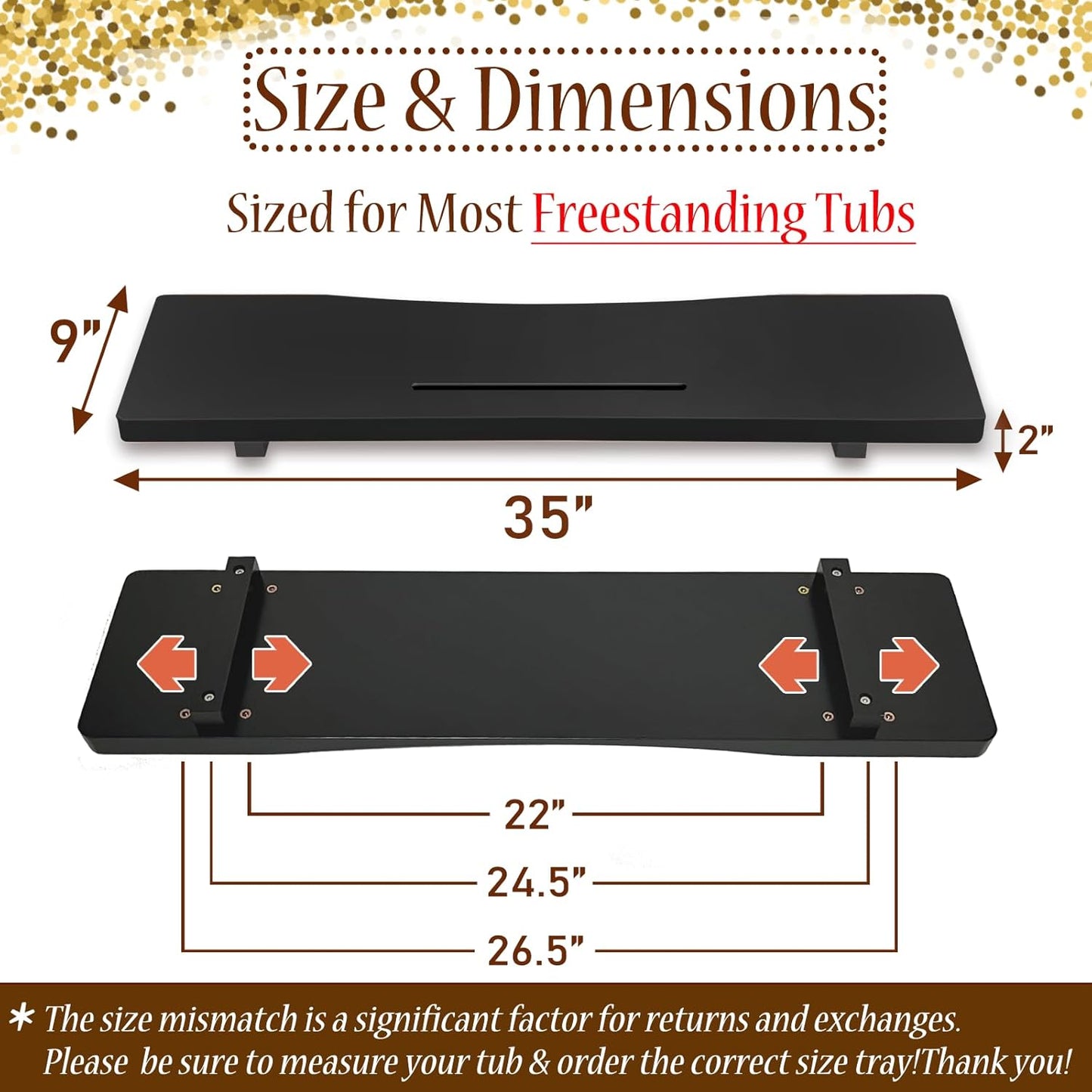 Stylish Black Bamboo Bathtub Tray Caddy with Adjustable Legs, Minimalistic Design Bath Tray for Tub, Bathtub Accessories, Fits Most Free Standing Bath Tubs, Idea for Women