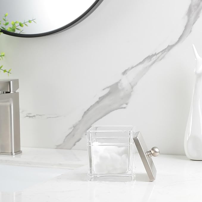 Apothecary Glass Cotton Jar Holder Brushed Nickel Stainless Steel Lid, Elegant Bathroom Storage Canister for Qtips, Cotton Balls, Floss, Makeup Organizer, Vanity Bathroom Organization