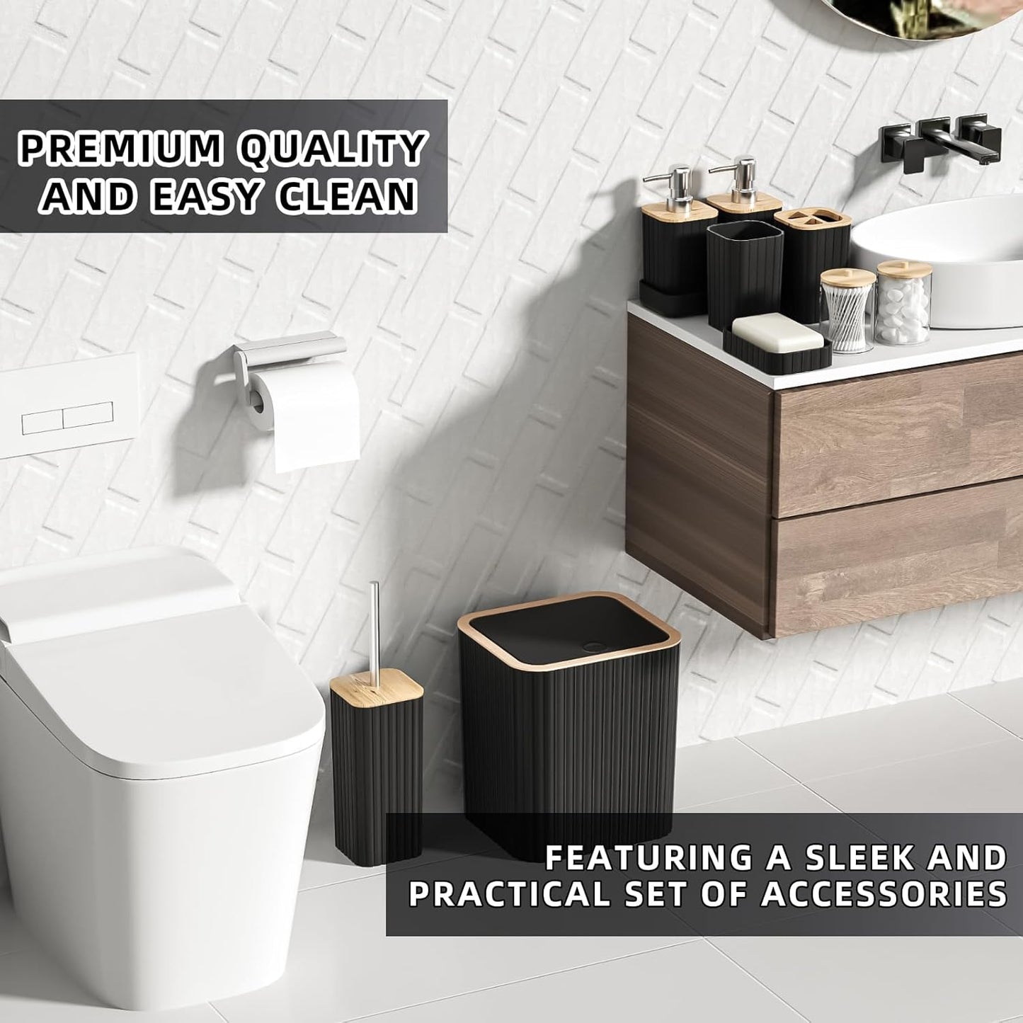 Bathroom Accessories Set - Elegant Black Bathroom Set, 10PC Bathroom Accessory Set, Toilet Brush, Trash Can, Qtip Holder Dispenser & Soap Dispenser