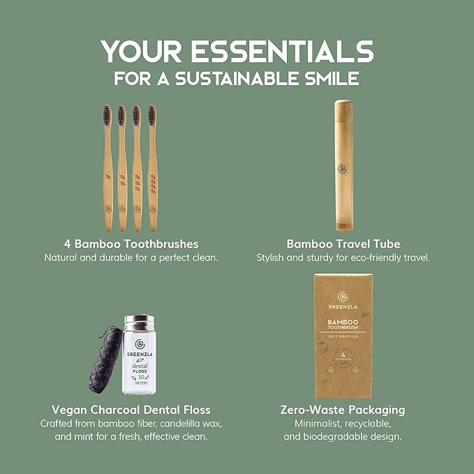 Greenzla Bamboo Toothbrushes, Wooden Toothbrush Set with Soft Bristles, Includes Travel Case and Charcoal Dental Floss, 4 Pack